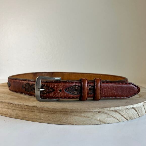 Vintage 90s Brown Genuine Leather Western Silver Buckle Belt Size Small Unisex main image 6